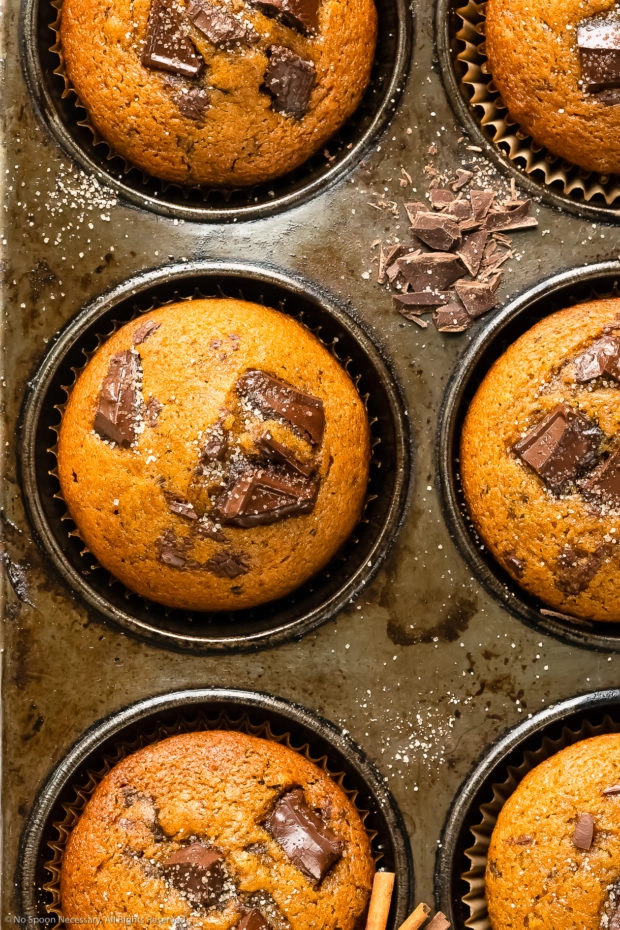 Overhead close-up photo of a pumpkin chocolate chip muffins topped with cinnamon sugar in a muffin pan. 