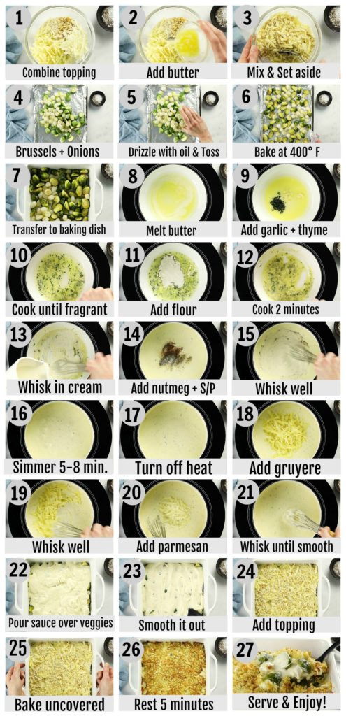 Step by step photo collage showing how to make Brussels Sprouts au Gratin. 