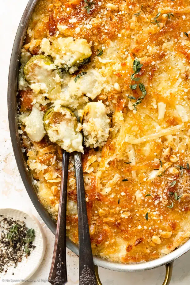 Close-up photo of the tender roasted brussels sprouts and gruyere cheese sauce in au gratin recipe.