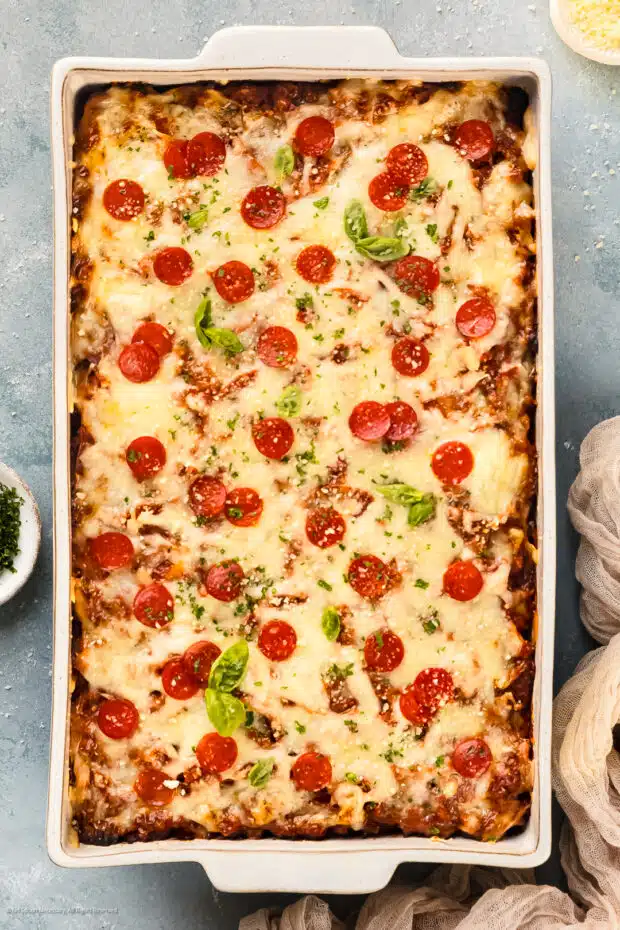 Overhead photo of ziti bake with sausage in a large baking dish.
