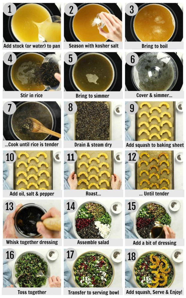 Overhead photo collage of how to make wild rice salad with roasted squash step by step with written instructions on each step.