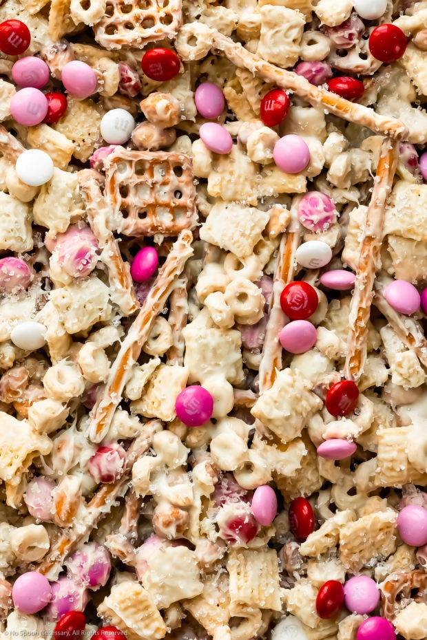 Overhead close-up photo of white chocolate Chex mix.