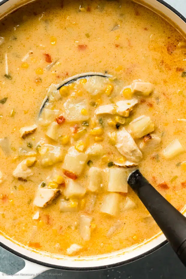 Overhead photo of a pot of chicken chowder.