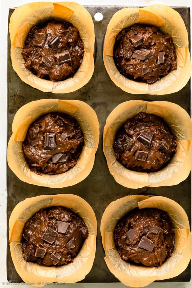 Overhead photo of raw chocolate muffins recipe, before baking.