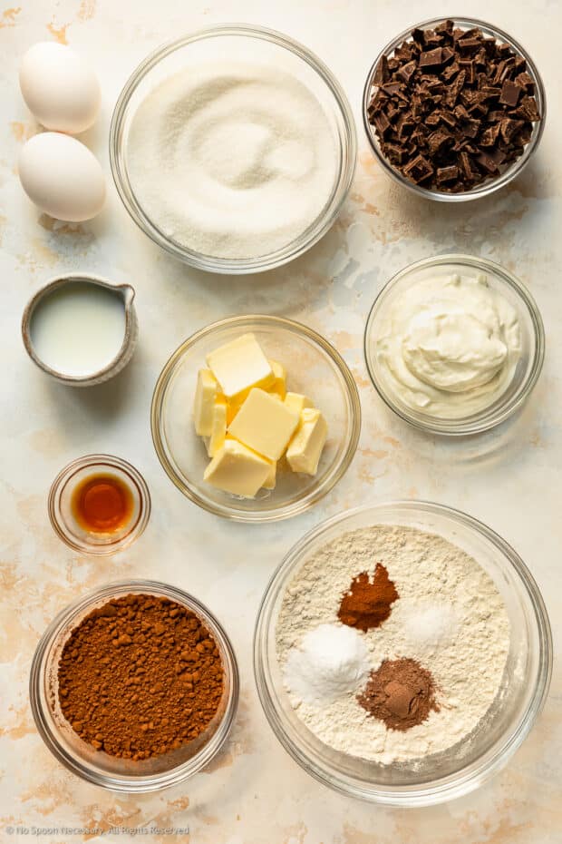 Overhead photo of all the ingredients in chocolate muffin recipe.