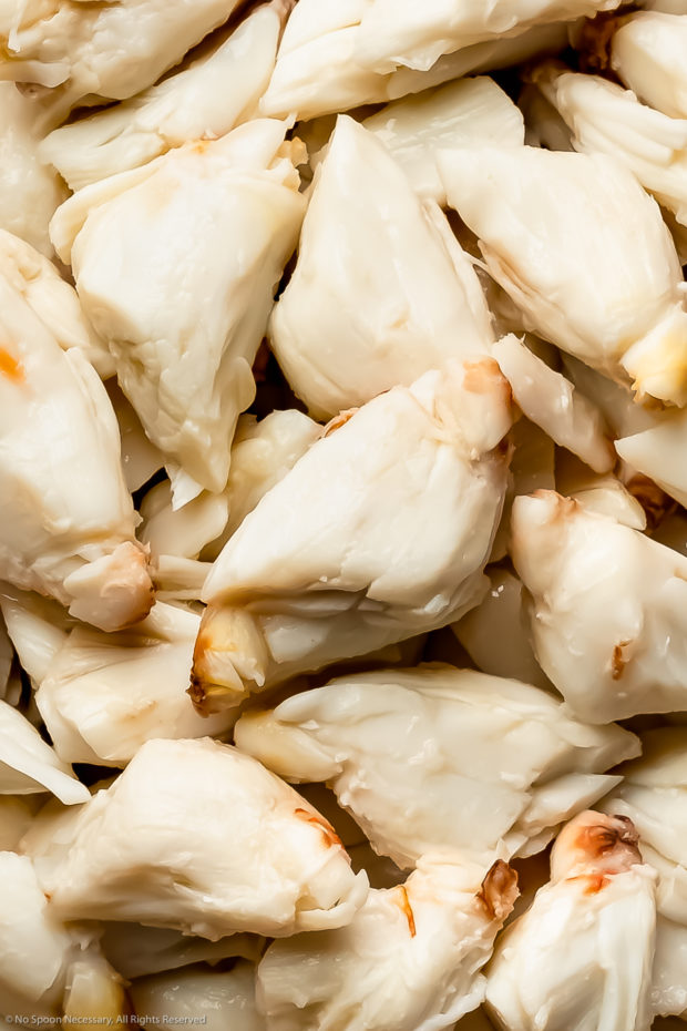Overhead, close-up photo of lump crab meat - one of the main ingredients in homemade bisque recipe. 