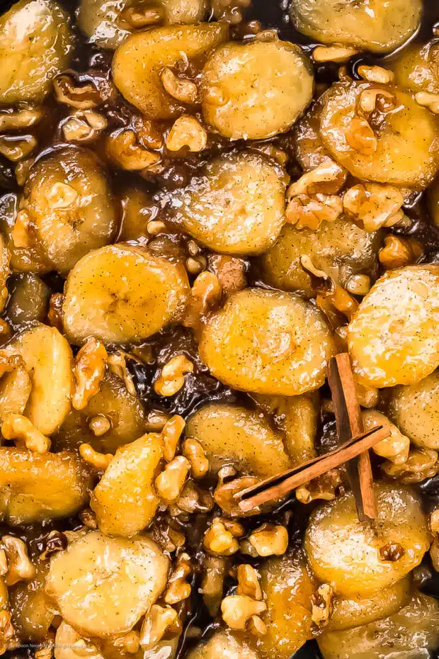 Close-up photo of banana and walnut topping for overnight oatmeal.
