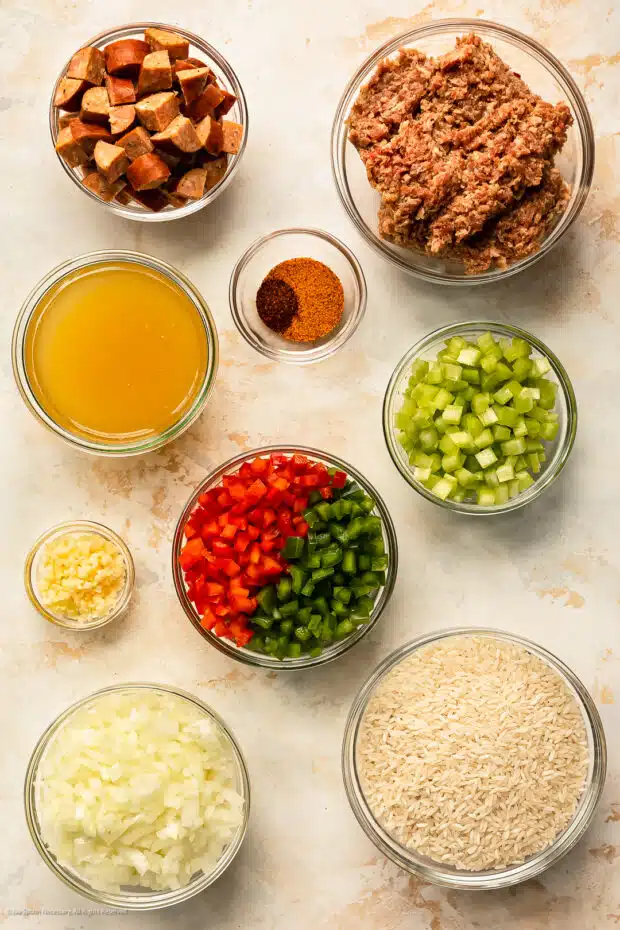 Overhead photo of all the ingredients for cajun dirty rice recipe.
