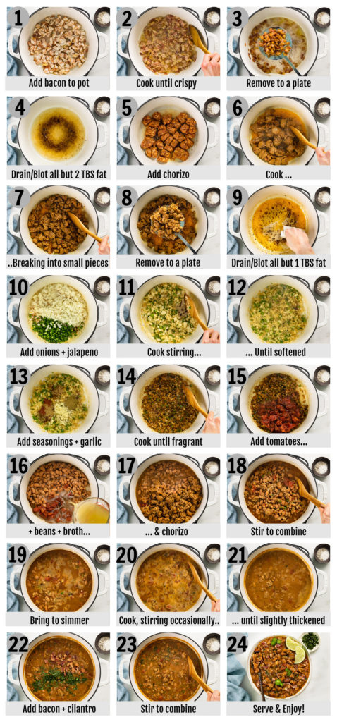 Overhead photo collage of how to make Mexican pinto beans step by step with written instructions on each photograph..