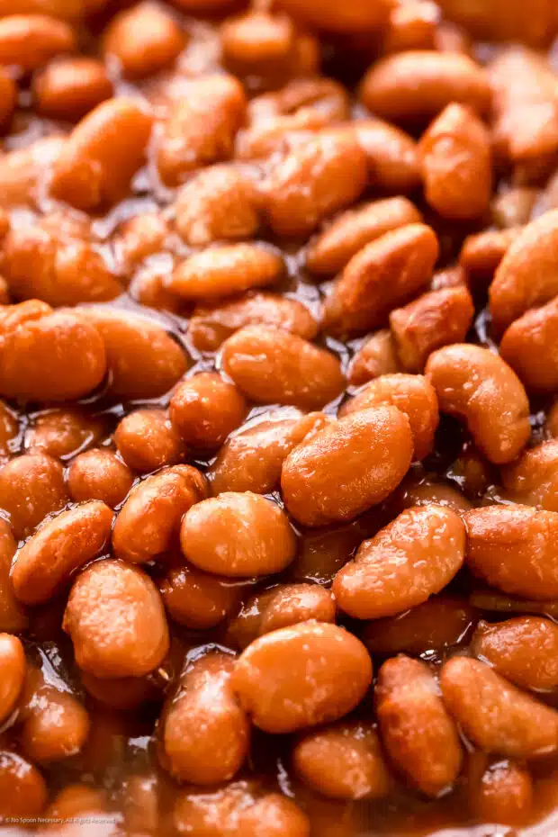 Straight on, close-up photo of cooked pinto beans.