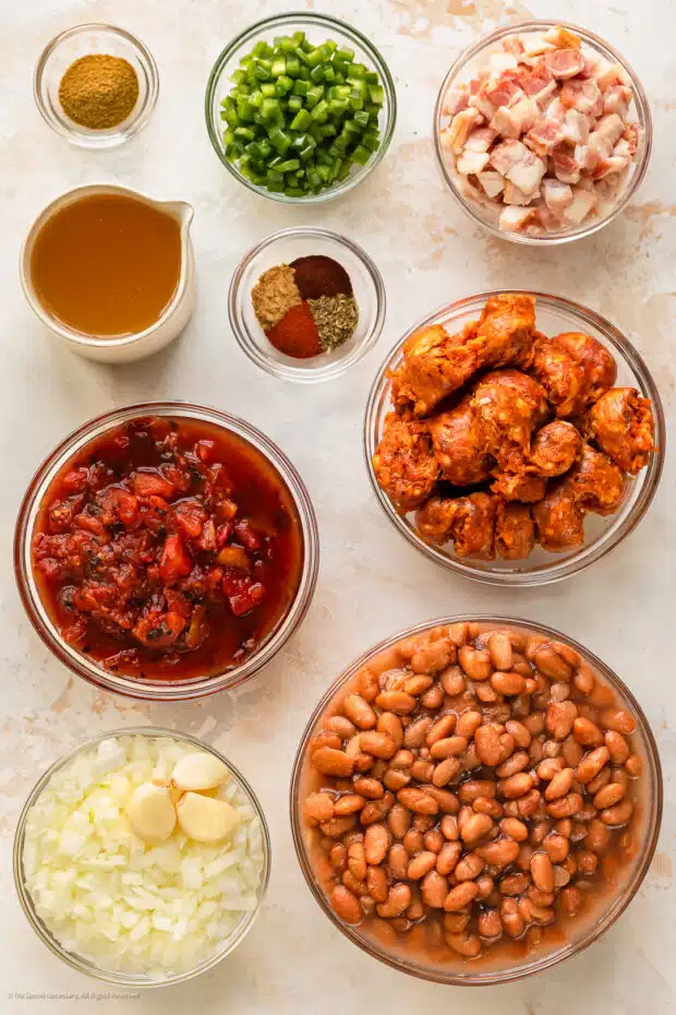 Overhead photo of the ingredients in charros beans recipe.