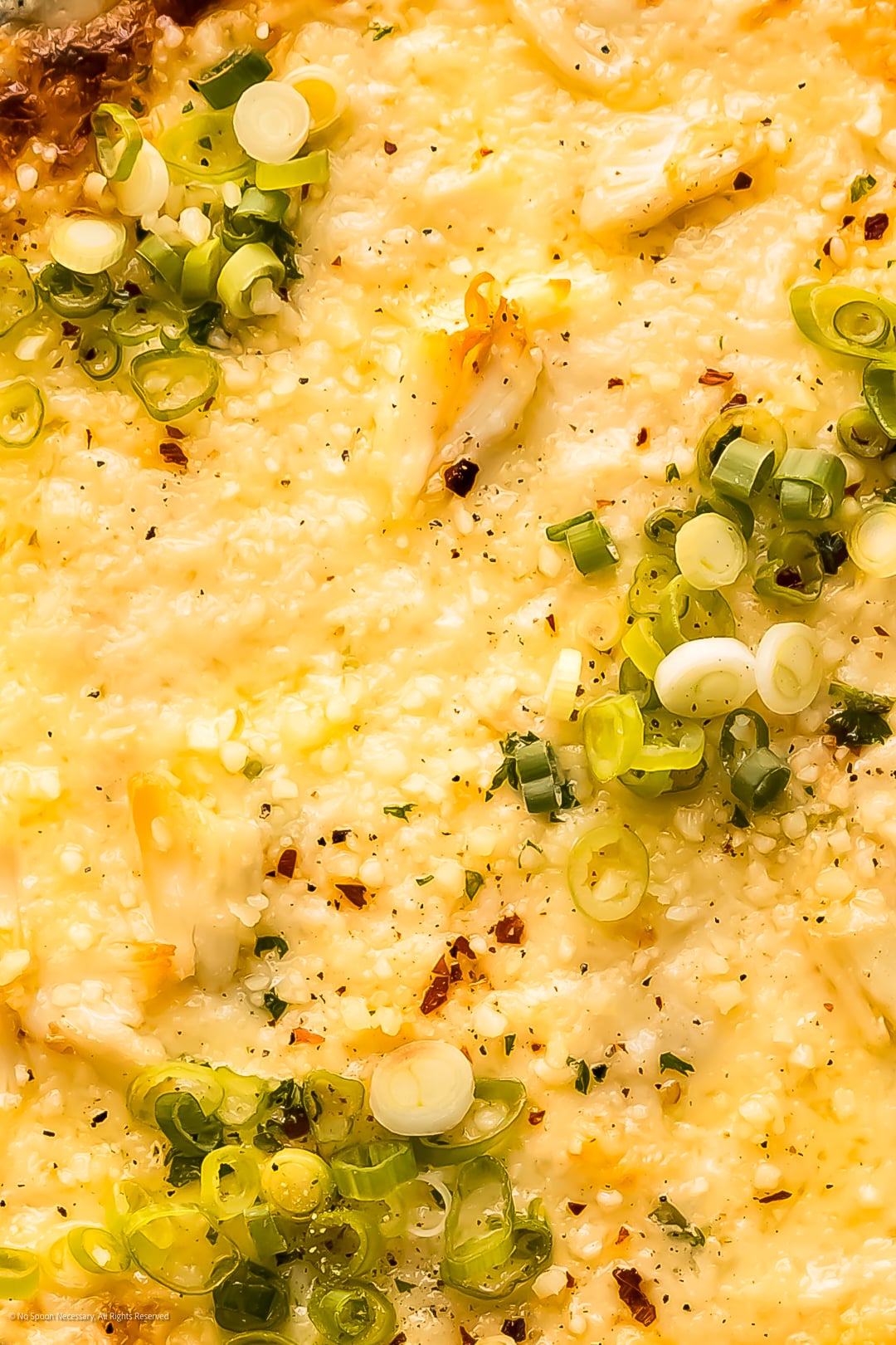 Close-up photo of a creamy dip made with crab meat and sweet cream cheese.