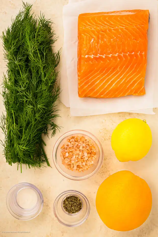 Overhead photo of a salmon fillet and the ingredients needed to cure salmon.