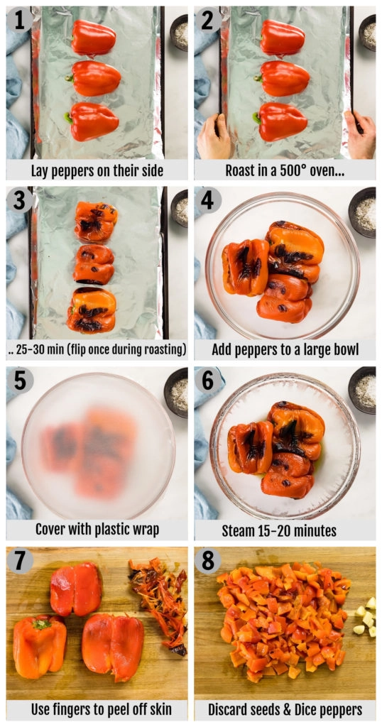 Overhead photo collage of how to oven roast red bell peppers for sauce.