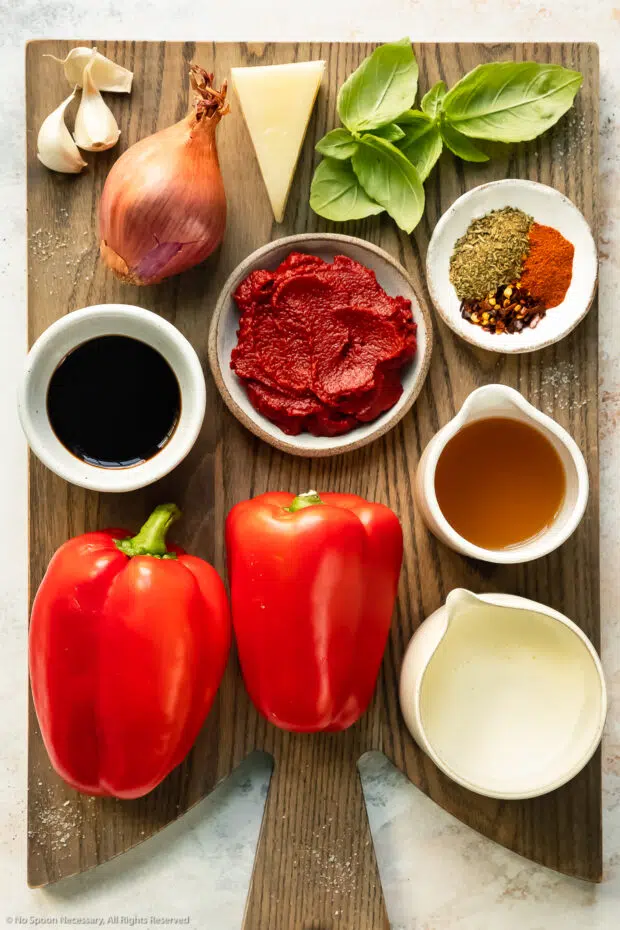Overhead photo of the ingredients in roasted red pepper sauces.