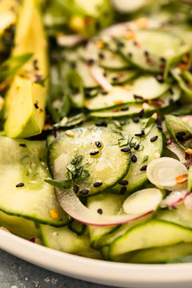 Close-up photo of a Kapanese marinated cucumbers.