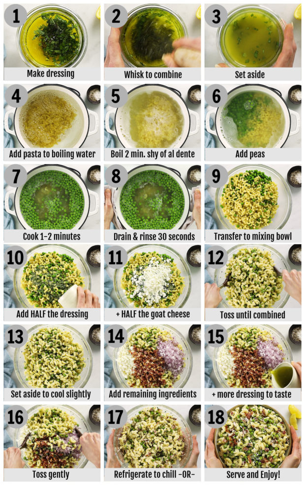Overhead photo collage of how to make bacon pea pasta salad step by step with written instructions on each step.