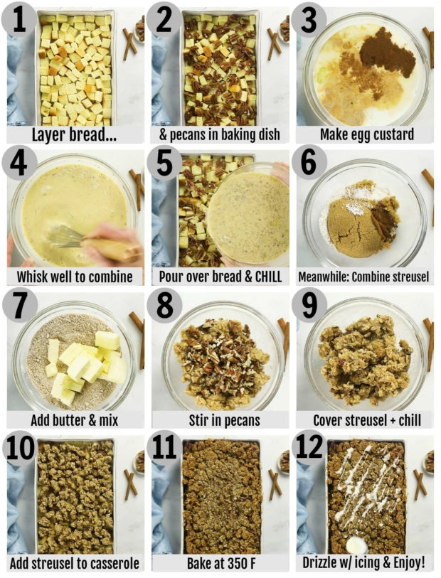 Overhead photo collage of how to make baked cinnamon French toast step by step with written instructions on each step.