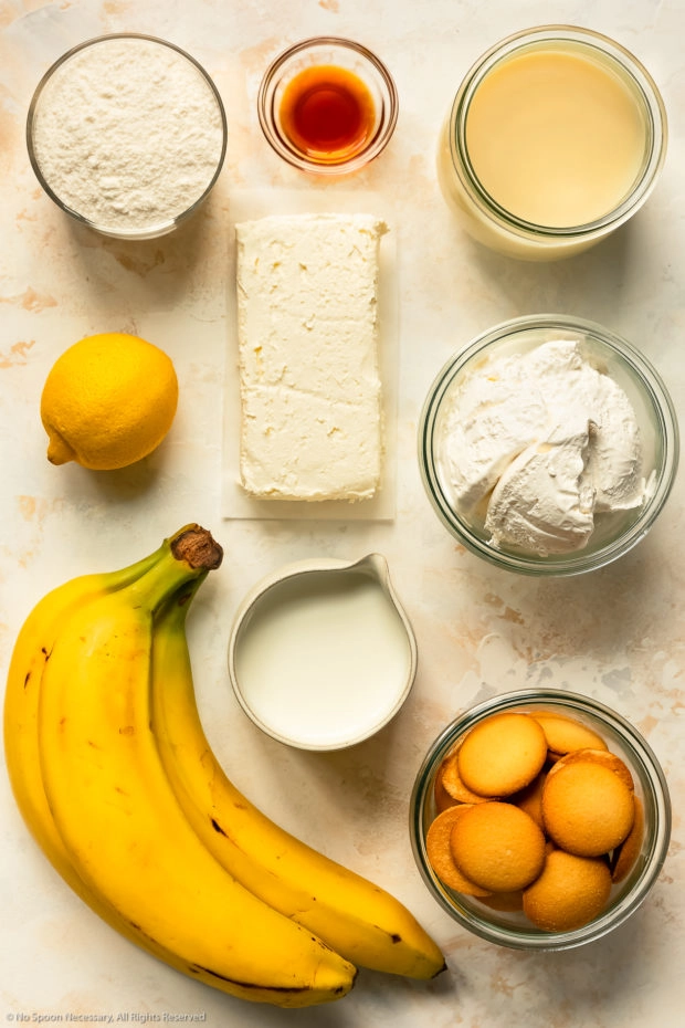 Overhead photo of all the ingredients in quick banana pudding recipe.