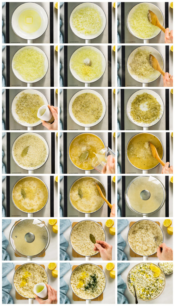 Overhead photo collage of how to make Greek Lemon Rice step by step with written instructions on each step.