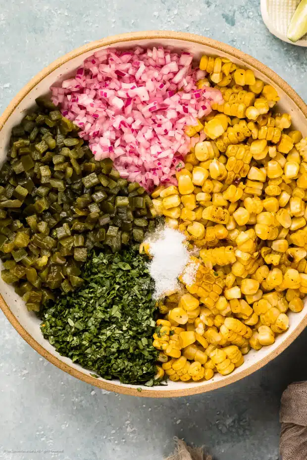 Overhead photo of all the ingredients needed to make chipotle roasted chili corn salsa neatly arranged in a mixing bowl.