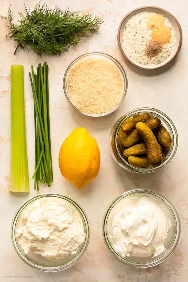 Overhead photo of all the ingredients in pickle dip recipe.