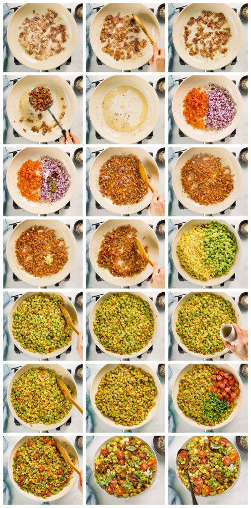 Overhead photo collage of how to make corn succotash recipe step by step with written instructions on each step.