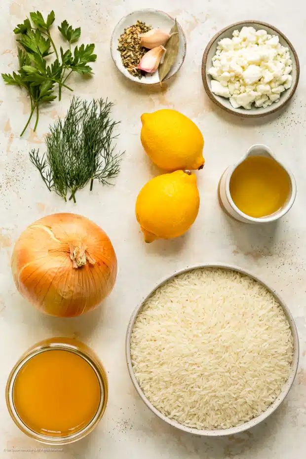 Overhead photo of all the ingredients in Greek rice recipe with lemon.
