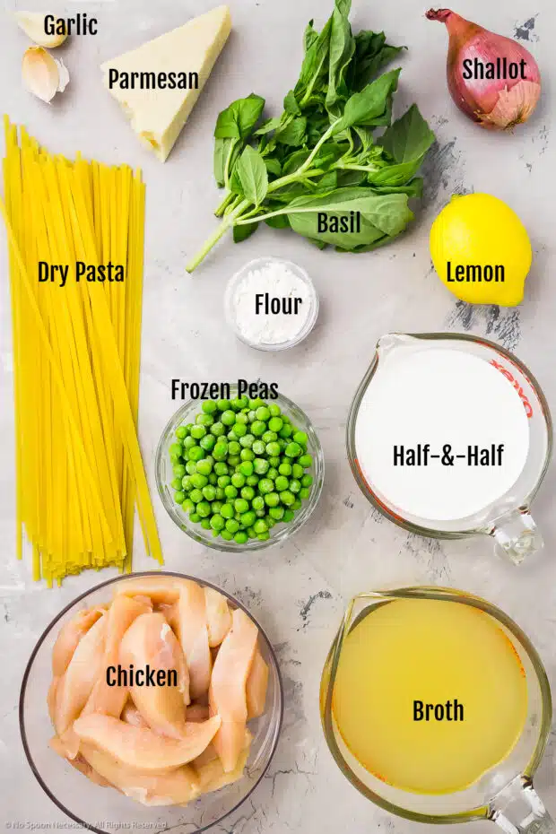 Overhead photo of the ingredients in lemon pasta with chicken recipe.