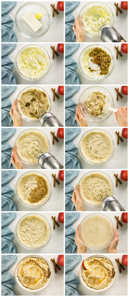 Overhead photo collage of how to make cream cheese dip step by step with written instructions on each step.