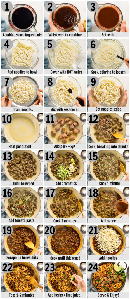 Overhead photo collage of how to stir-fry udon noodles step by step with written instructions on each step.