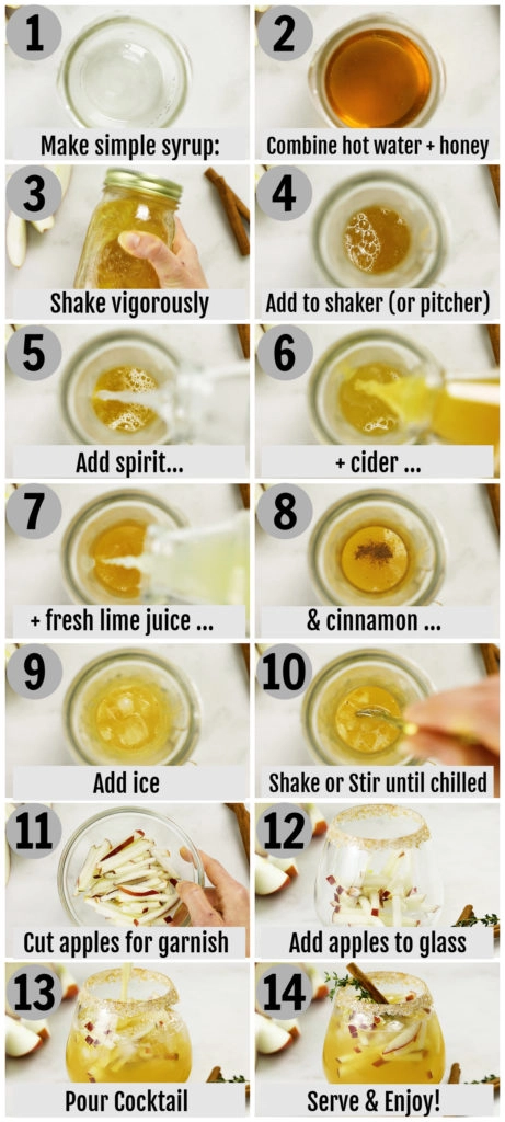 Overhead photo collage of how to make an apple cider cocktail step by step with written instructions on each step.