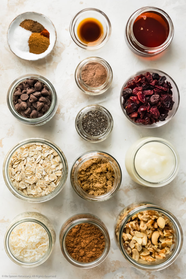 Overhead photo of all the ingredients needed to make granola at home. 