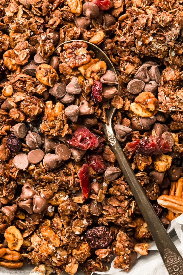 Overhead, close-up photo of a spoon inserted into a bowl of chocolate chip granola trail mix.
