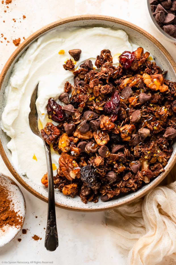 Overhead photo of a bowl of Greek yogurt topped with chocolate trail mix granola.