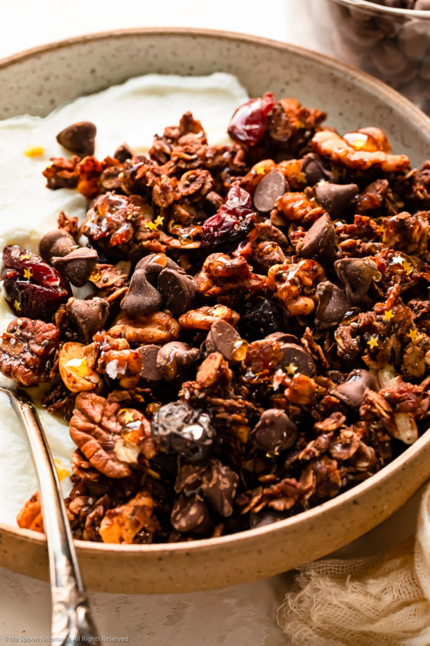 Angled, close-up photo of granola with chocolate chips, nuts and dried fruit.