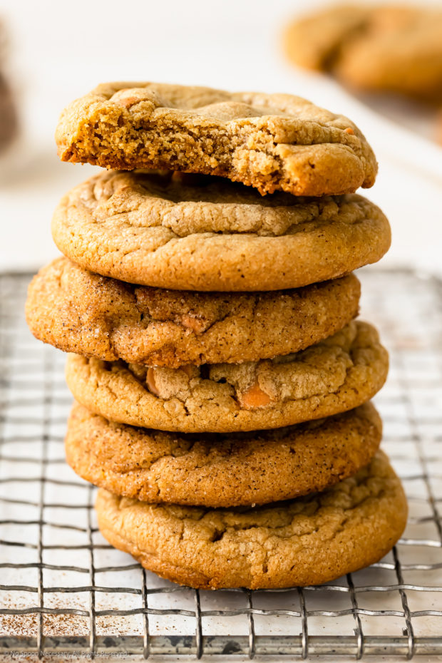 Straight on photo of a stack of 6 cinnamon chip cookies on a wire rack.