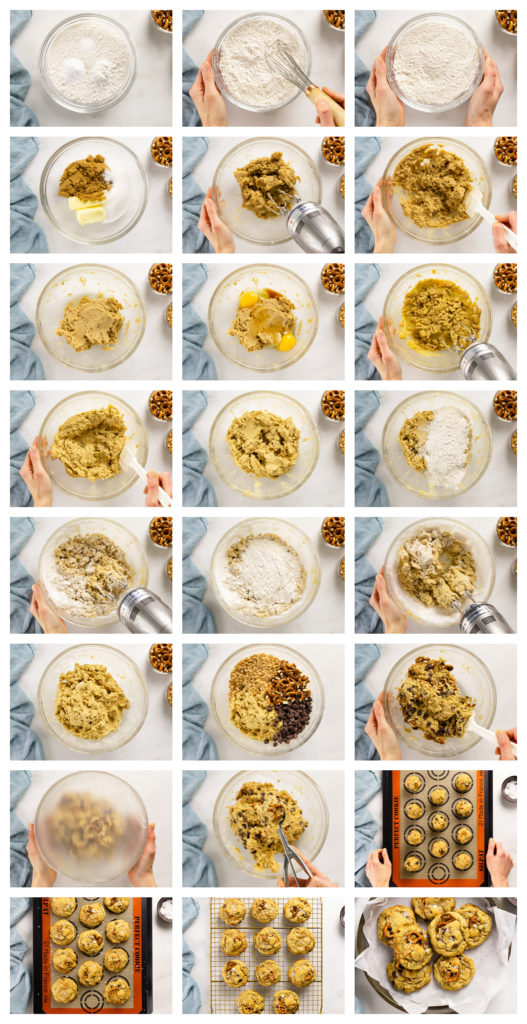 Overhead photo collage of how to make kitchen sink cookies step by step with written instructions on each step.