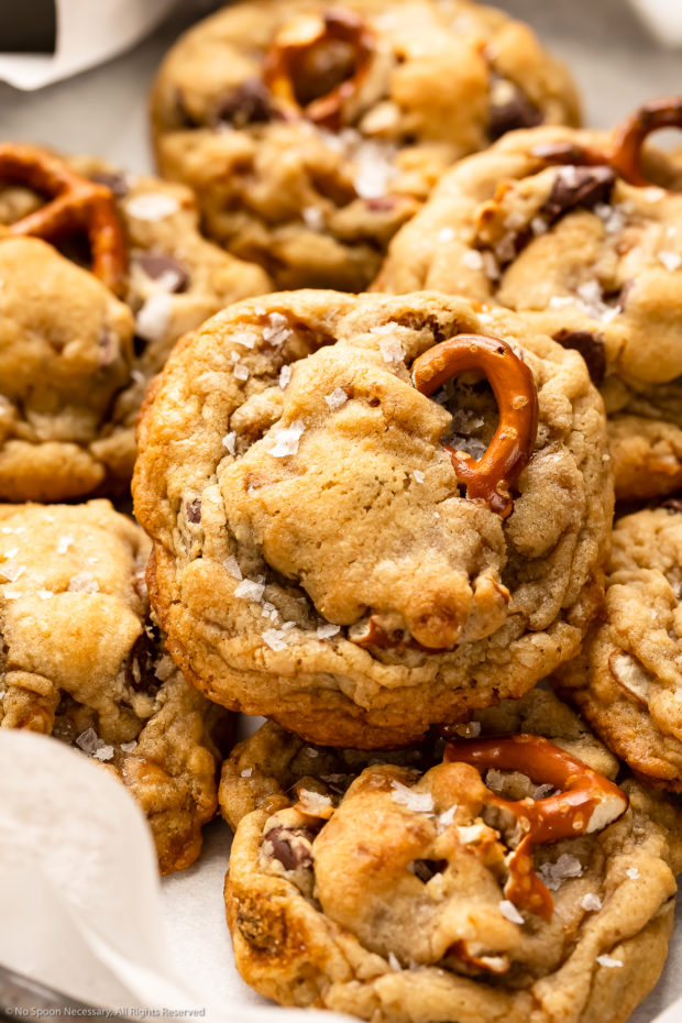 Angled, close-up photo of an everything cookie sprinkled with flaky sea salt.