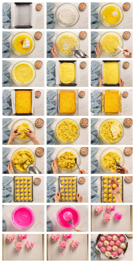 Overhead photo collage of how to make cake pops step by step with written instructions on each step.