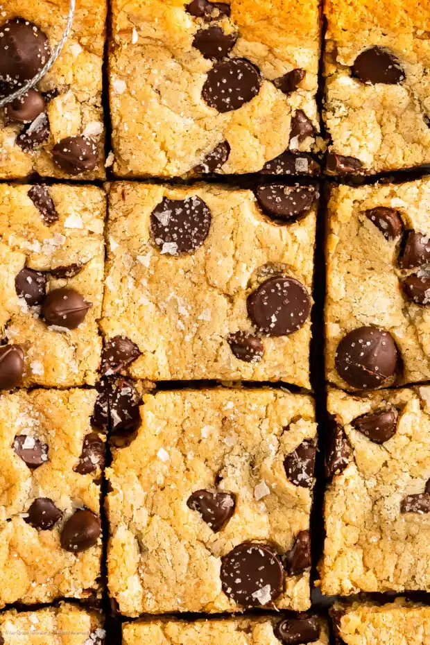 Close-up photo of the soft, chewy texture texture of a bar cookie made from a box of cake mix.
