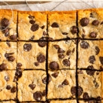 Overhead photo of Cake Mix Cookie Bars on a parchment paper lined serving tray.