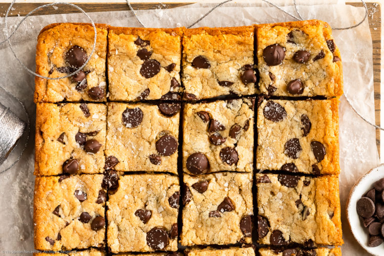 Overhead photo of Cake Mix Cookie Bars on a parchment paper lined serving tray.