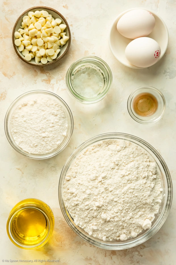Overhead photo of the 5 ingredients in the best cookie bar recipe.