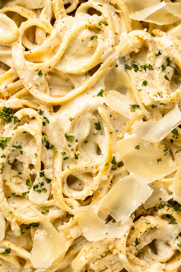 Extreme close-up photo of fettuccine Alfredo with cream cheese sauce. 