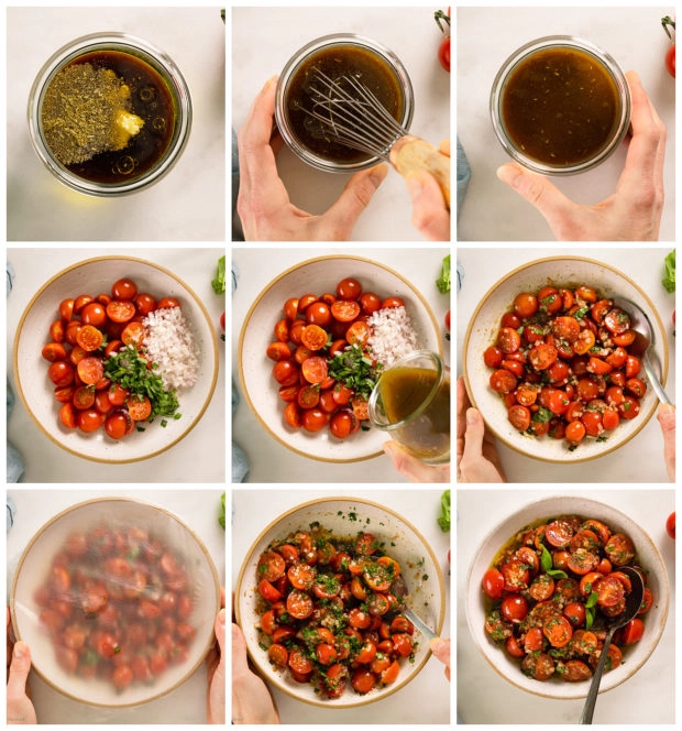 Overhead photo collage of how to marinate cherry tomatoes with balsamic step by step with written instructions on each step.