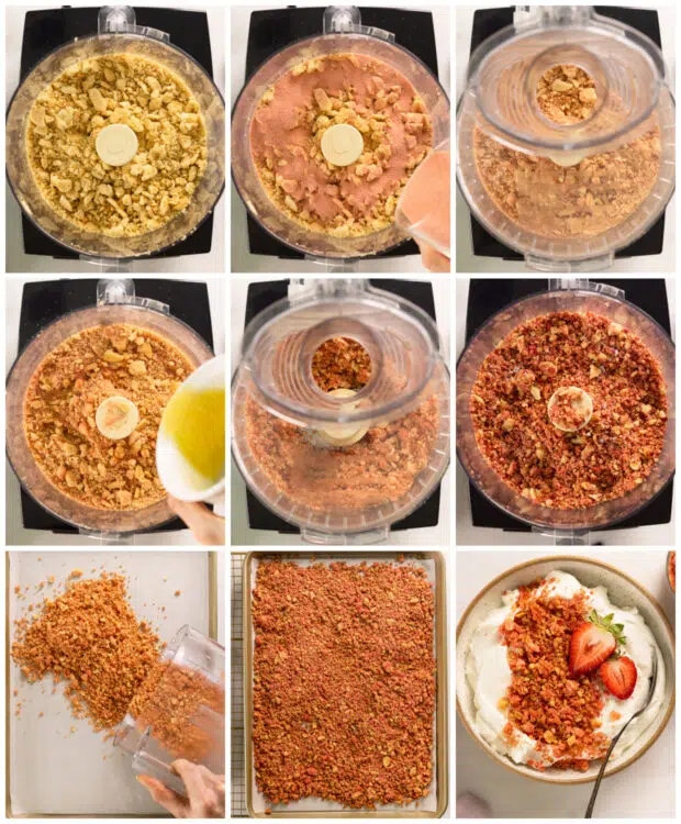 Overhead photo collage showing how to make strawberry crunch step by step.