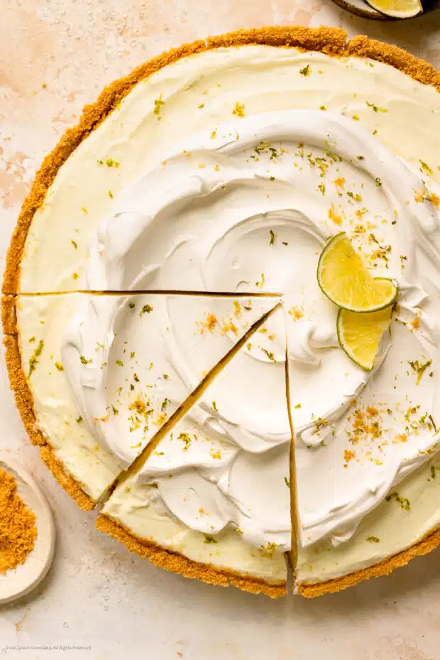 Overhead photo of a fully prepared key lime cheesecake from this no bake recipe.