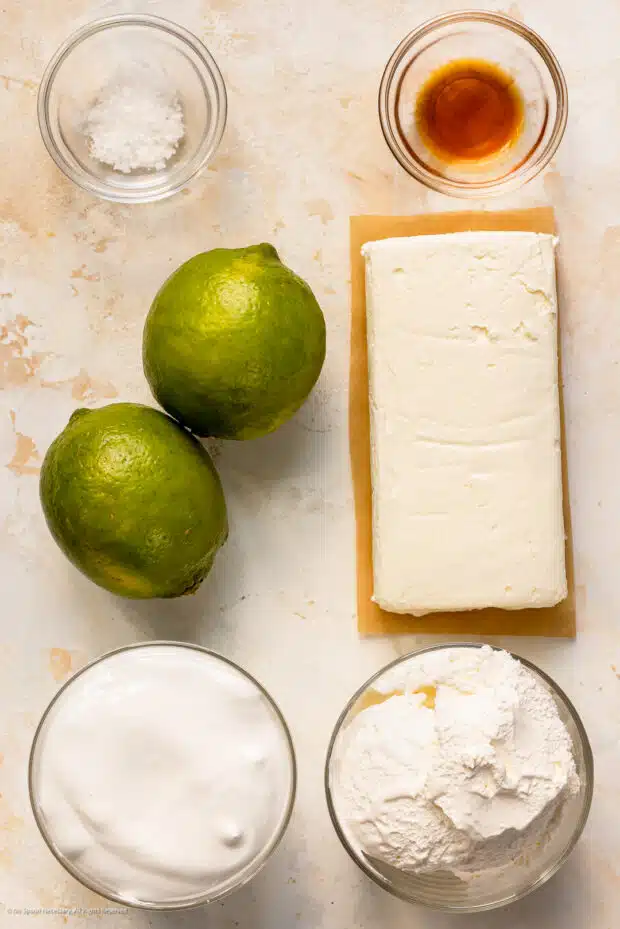 Overhead photo of the ingredients in recipe for no bake key lime pie.