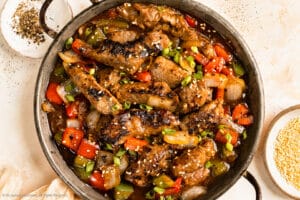 Overhead photo of Chinese Pepper Steak in a antique wok.
